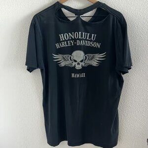 Bravado Harley Davidson Hawaii Black Graphic Tee T-Shirt Neck Cutout Large
